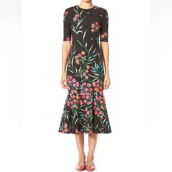 NWT Carolina Herrera Floral Stretch Cotton Faille Cocktail Midi Dress 10 $1990 - Picture 2 of 9